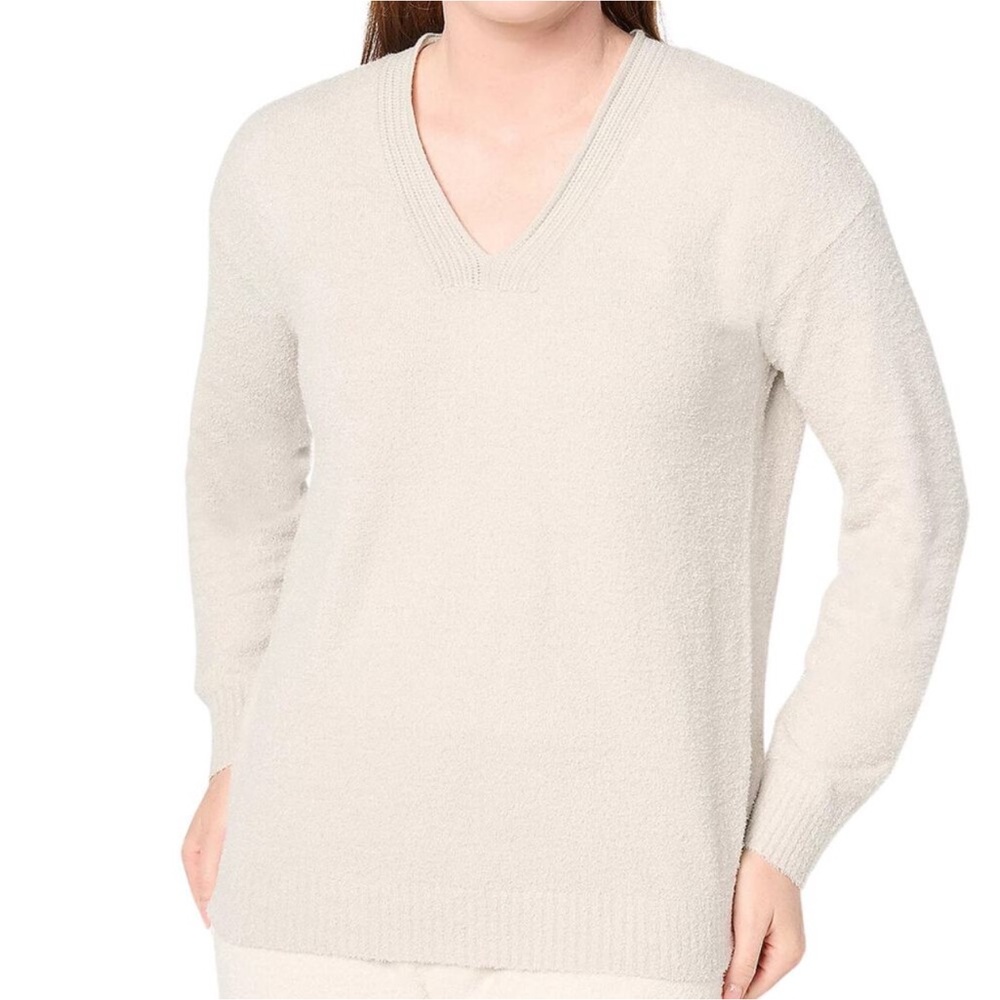 Barefoot Dreams CozyChic Lite V-Neck Cream Sweater MEDIUM